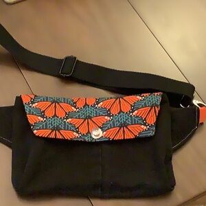 Black jean upcycled Bag with Orange Butterfly Print crossbody Handmade!
